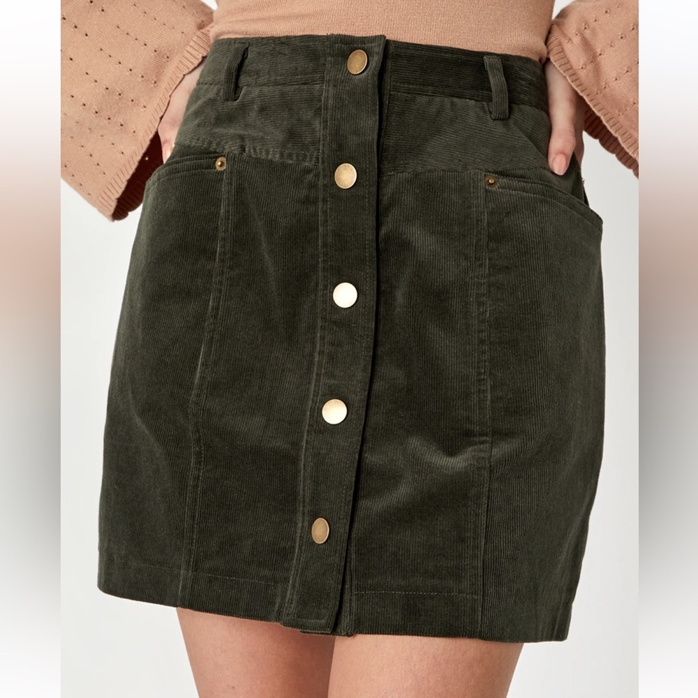 Lulu's Dark Green Corduroy Button Skirt
